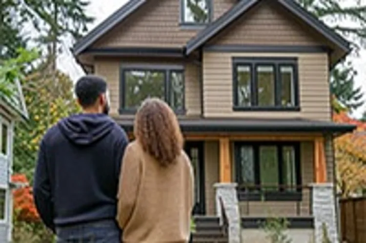man and woman looking at a brown mid-sized two-story house