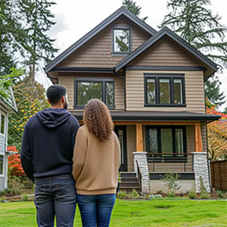 man and woman looking at a brown mid-sized two-story house