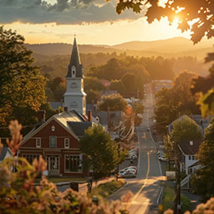 suburban street with church and houses
