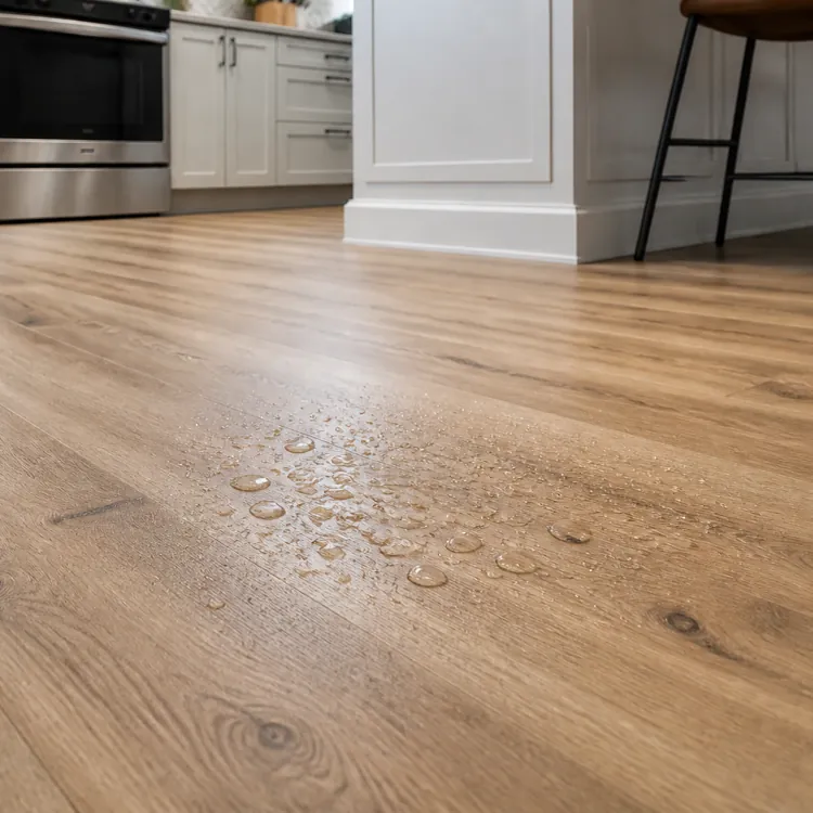 Water droplets pooled on wood-look flooring in a modern kitchen with white cabinets