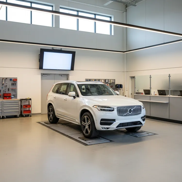White SUV parked in a clean, modern auto repair shop with tools and workstations