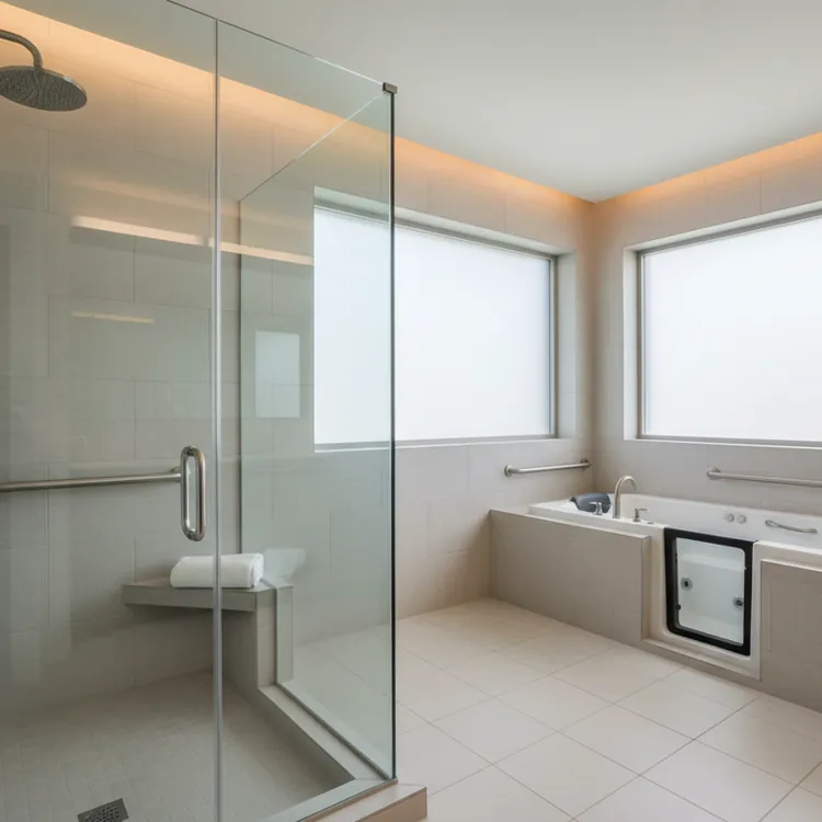 Spacious bathroom with walk-in shower, grab bars, and walk-in bathtub under frosted windows