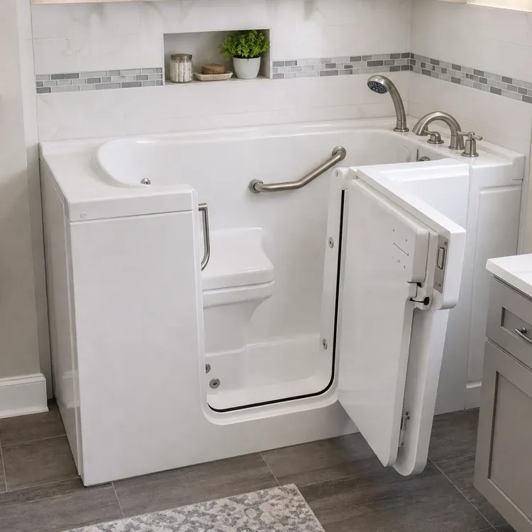Walk-in bathtub with open door and grab bars in a bright, modern bathroom