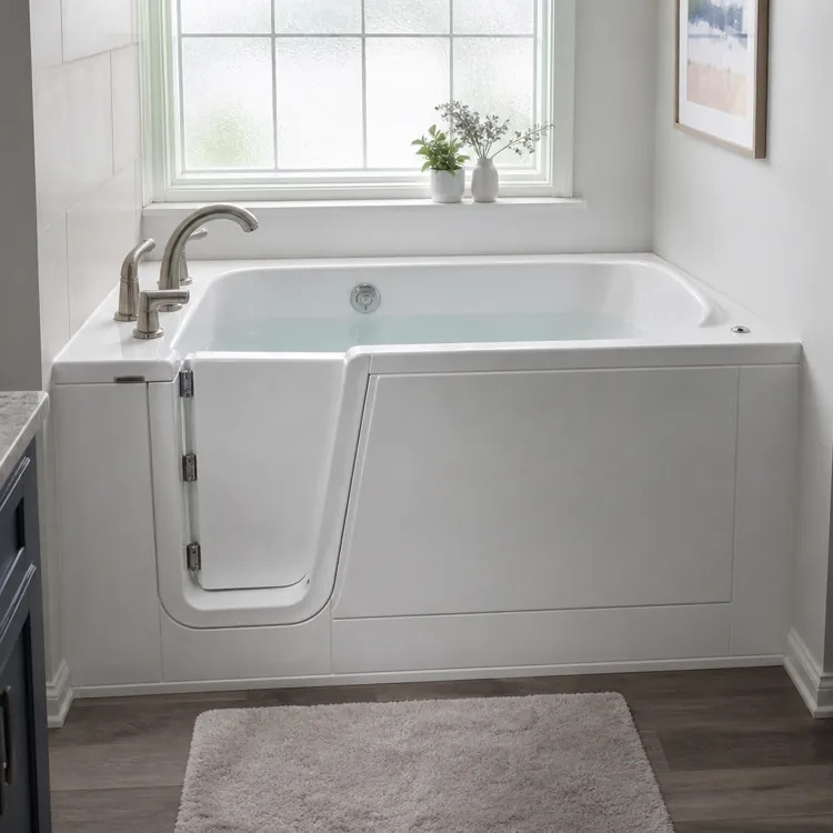 Walk-in bathtub with open door beside shelves of folded towels in a bright bathroom