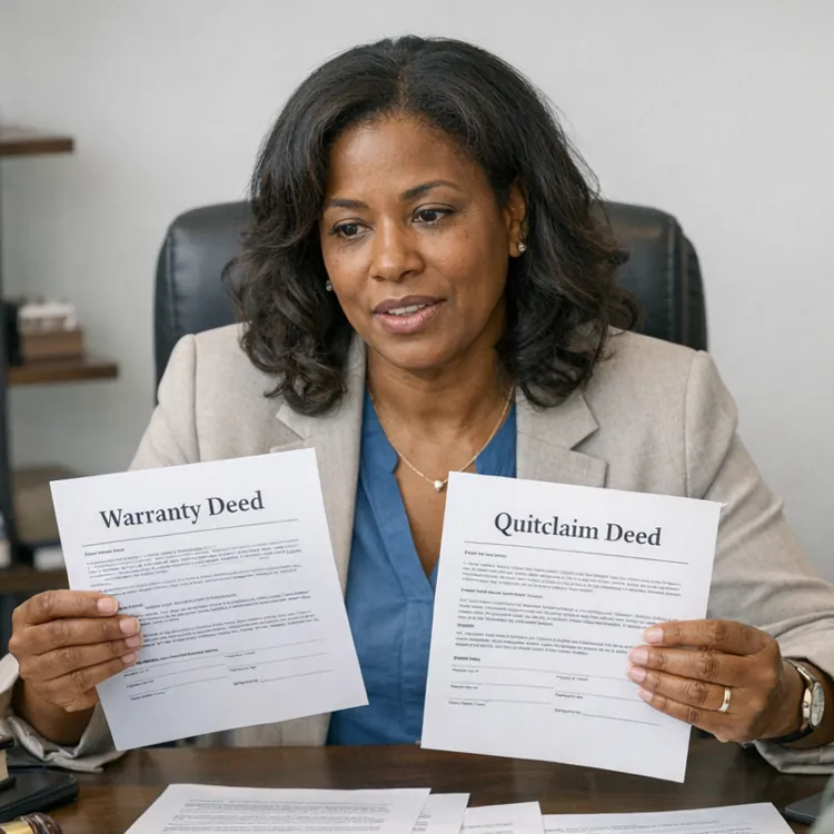 A lawyer showing warranty and quitclaim deeds to a couple during a consultation in an office.