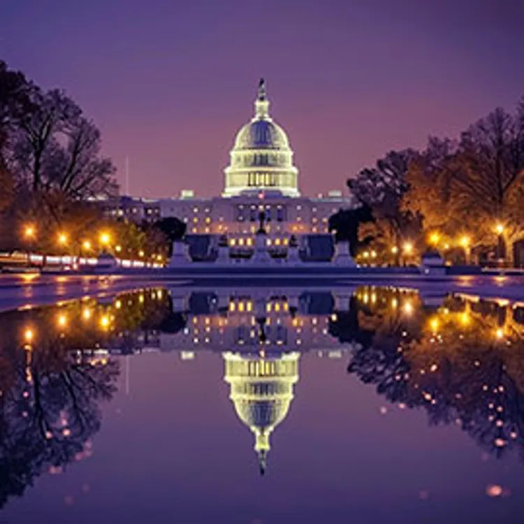 United States Capitol reflected on Capitol Reflecting Pool at dusk