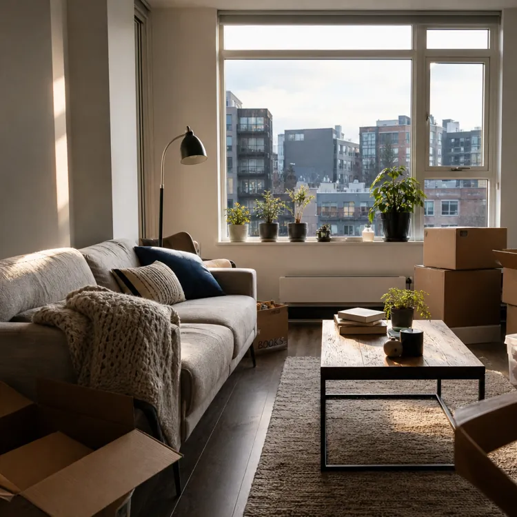 sunlit apartment living room with moving boxes, plants, and a sofa