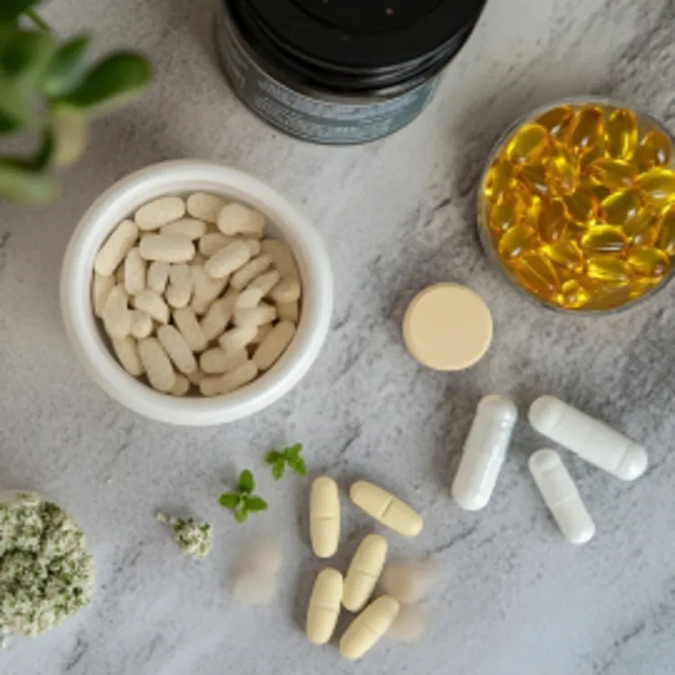 different pills laid out on a table