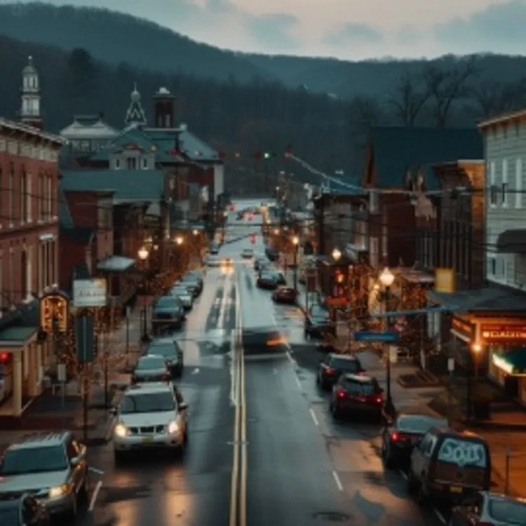 a downtown street with parked cars on either side