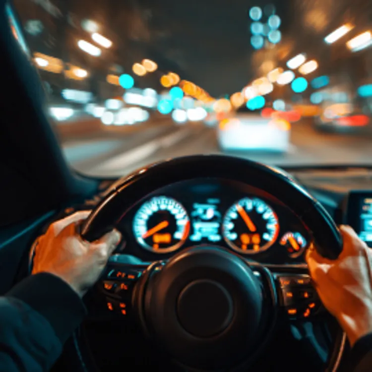 pair of hands on a driver's wheel with view of the road ahead