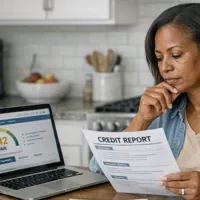 Woman in a denim shirt reading a credit report at a kitchen table with a laptop displaying a credit score.