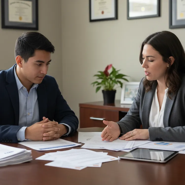 Two professionals in suits discussing documents at an office desk with charts and paperwork.