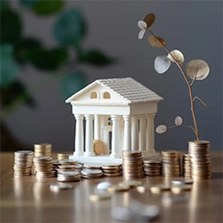 model of a government building with stacks of coins in front