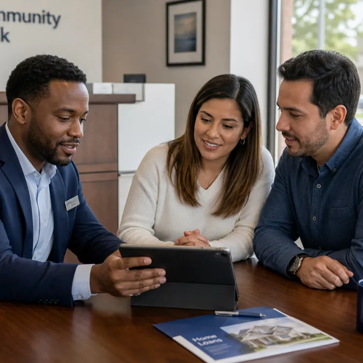 Bank employee showing a couple information on a tablet at a desk