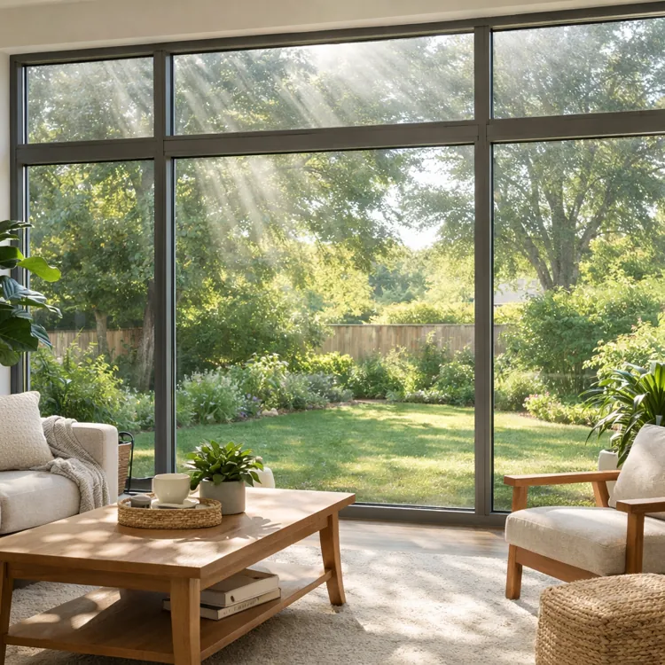 Bright living room with large solar windows, beige furniture, and green plants overlooking a sunny backyard