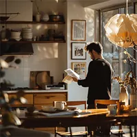 man reading paperwork in the kitchen