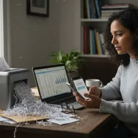 Woman in a gray sweater sitting at a desk with a laptop, smartphone, and paper shredder, focusing on her phone.