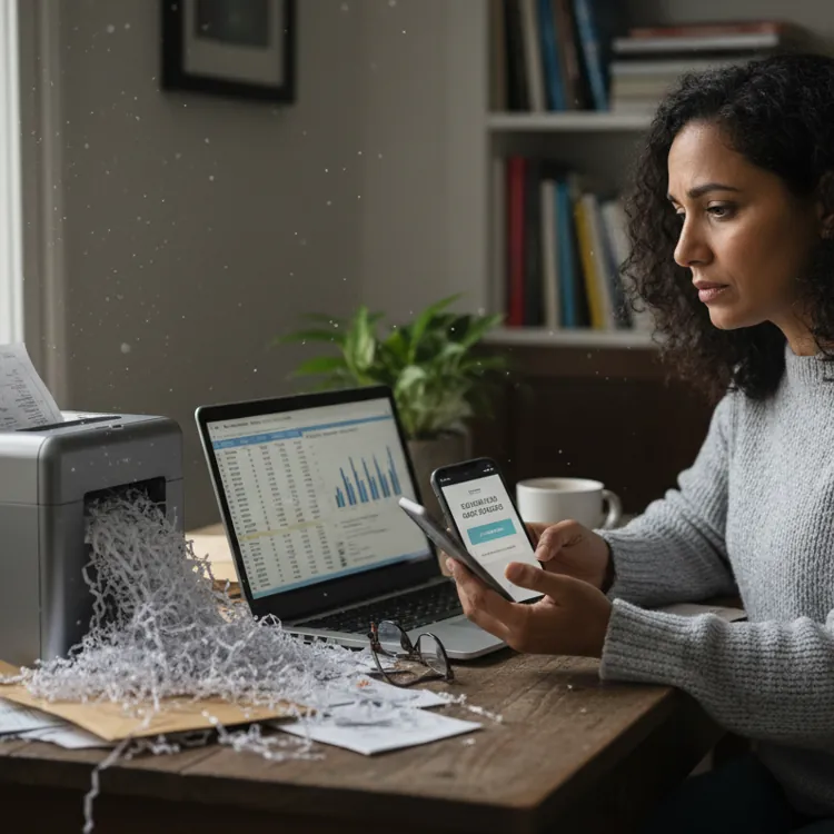 Woman in a gray sweater sitting at a desk with a laptop, smartphone, and paper shredder, focusing on her phone.