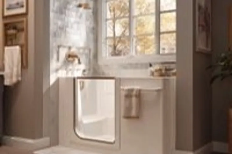a white walk-in bathtub set in a neutral colored bathroom softly lit by naturally sunlight from a large window