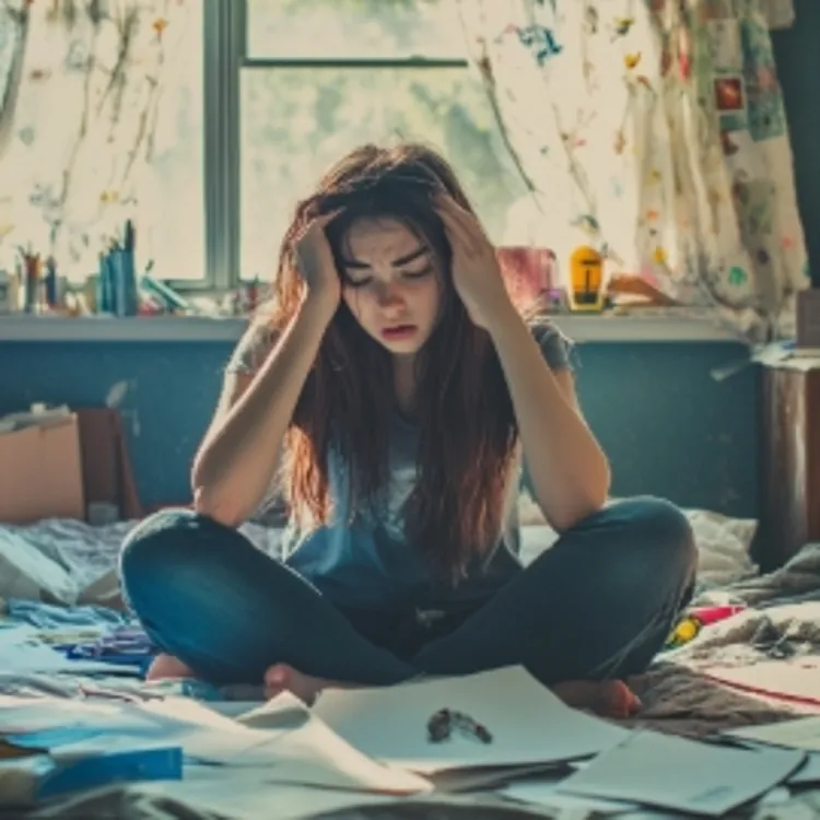 a woman with her head in her hands sitting cross legged in a messy room