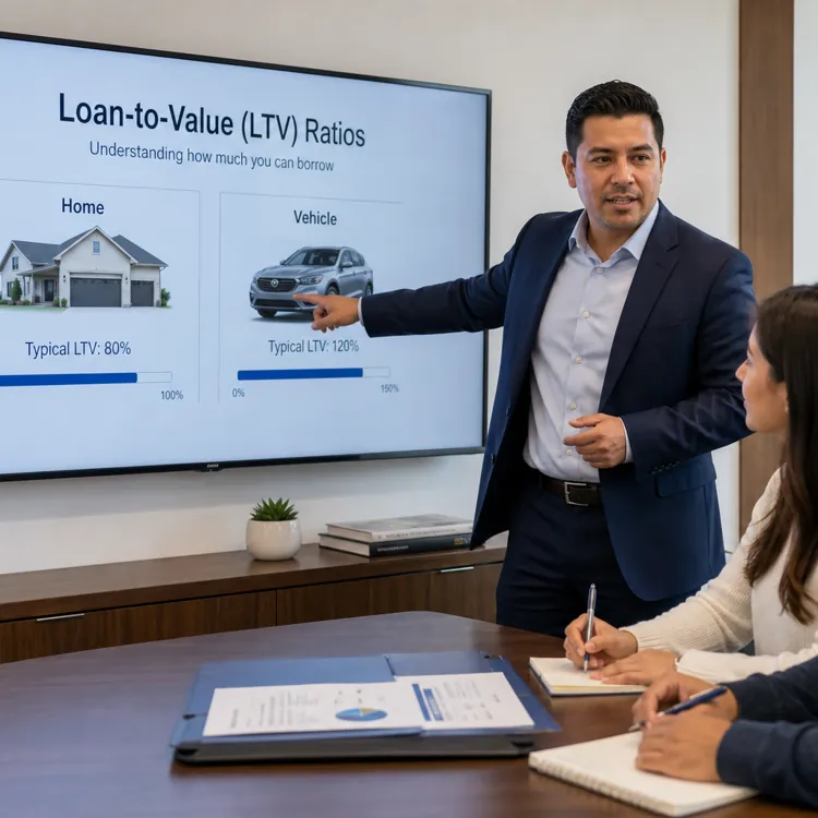 Man presenting loan to value ratios to person in a meeting room
