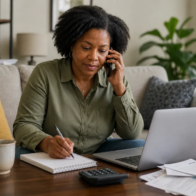 Woman talking on phone while writing in notebook and using laptop at a table with papers and calculator