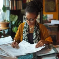 a black woman sitting at a desk and signing documents