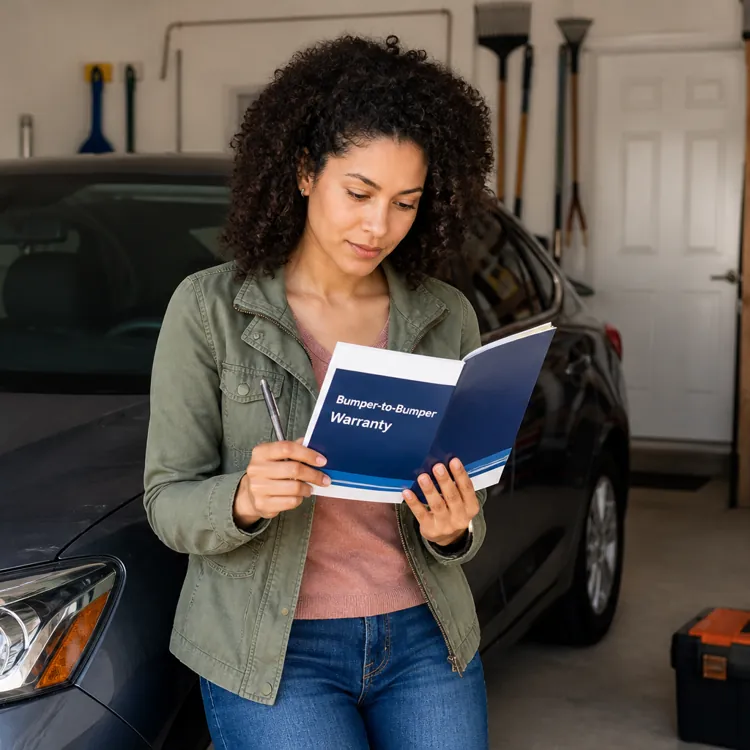 Woman reading a bumper-to-bumper warranty booklet while leaning on a car in a garage