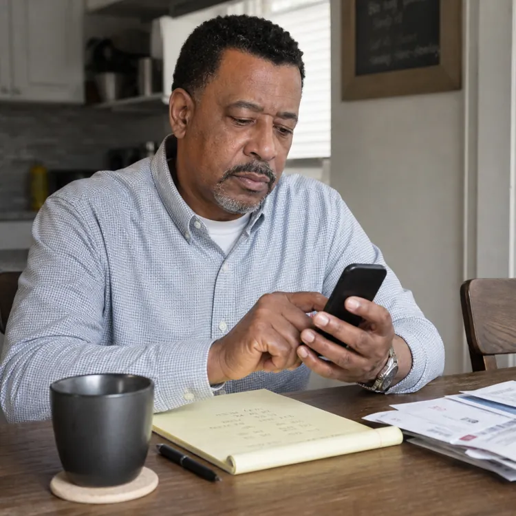Man at kitchen table using smartphone with bills, notepad, and coffee mug in front of him.