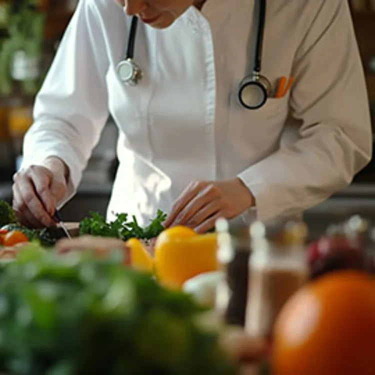 image of a dietician inspecting food with fruits, vegetables and spices in the foreground.