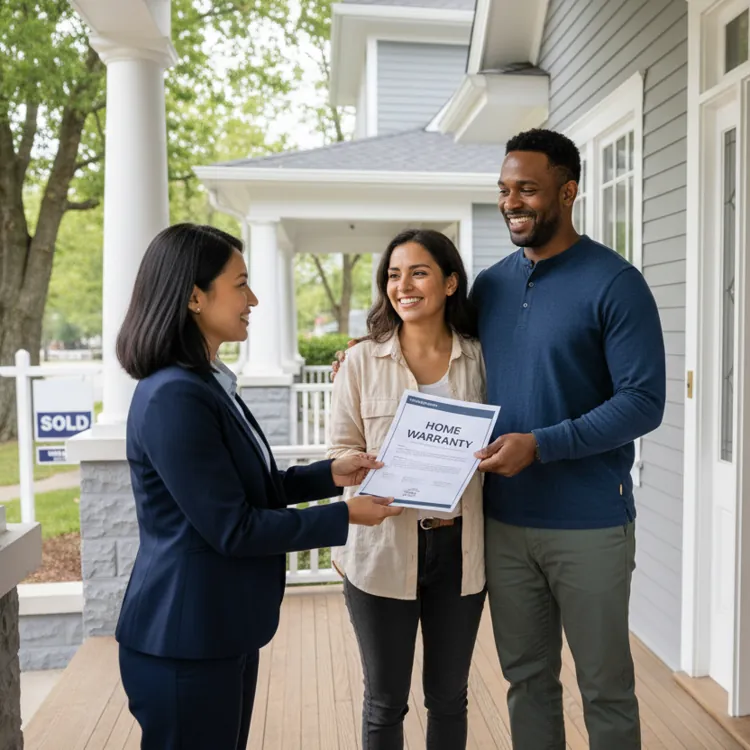 Couple receiving home warranty documents from a real estate agent on the porch of their new house.
