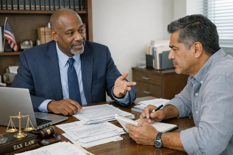 Two men in a business meeting discussing documents at a desk in an office setting with bookshelves and a laptop.
