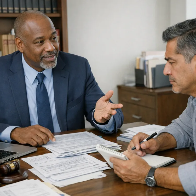 Two men in a business meeting discussing documents at a desk in an office setting with bookshelves and a laptop.