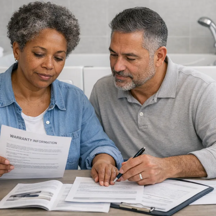 A couple reviews important warranty documents together in their kitchen, highlighting collaboration and attention to detail.
