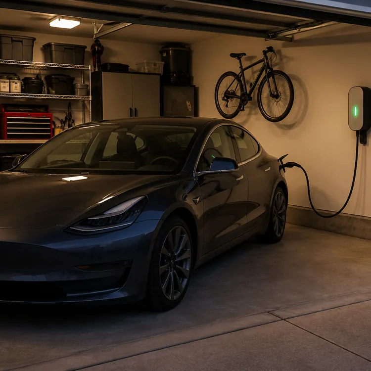 Electric car plugged into a wall-mounted charging station inside a residential garage