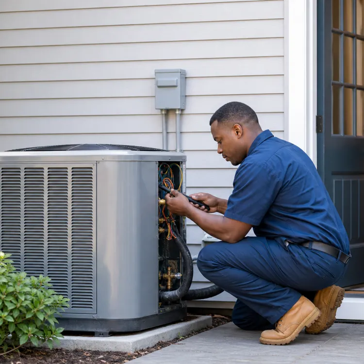 Technician repairing an outdoor HVAC unit while a woman watches from the doorway of a house