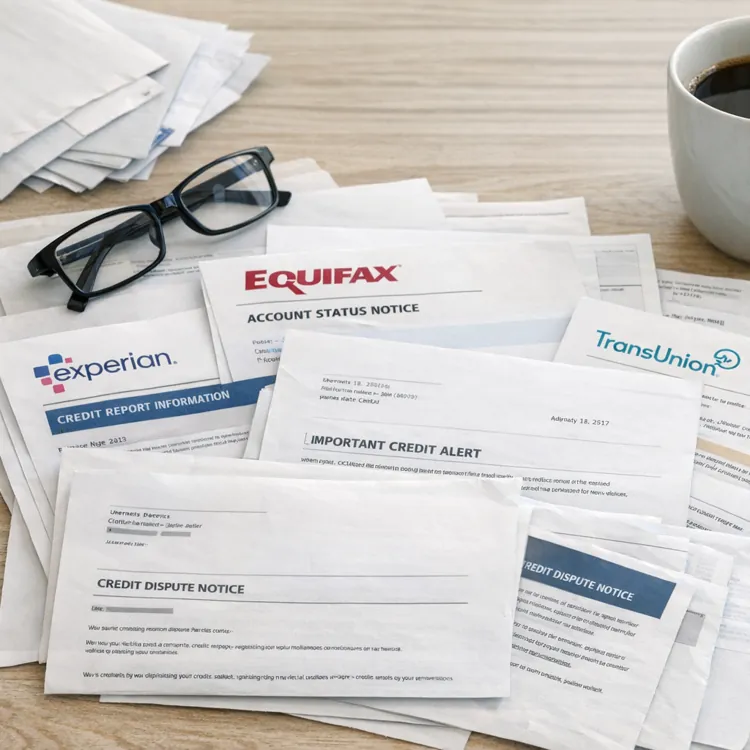 A stack of credit report documents from various agencies on a desk with glasses, a pen, and a cup of coffee.
