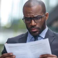 a man looking at a document intently