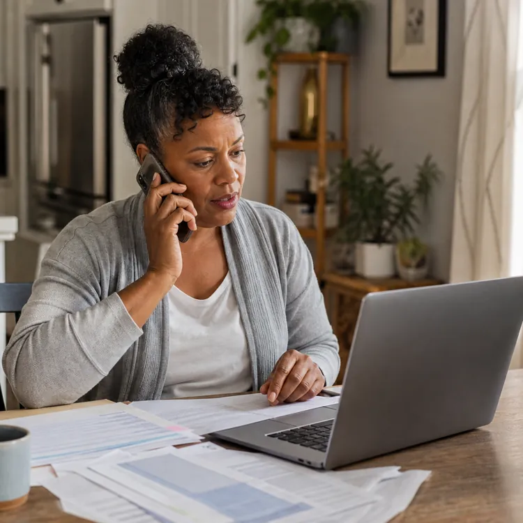 Woman on phone at kitchen table with laptop and paperwork.