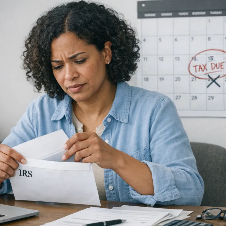 Person looking concerned while opening an IRS envelope at a desk with a calendar marked 'Tax Due'.