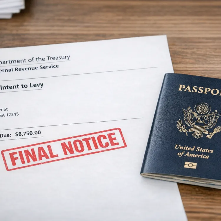 A final notice tax document from the IRS and a United States passport on a wooden desk.