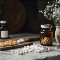 a flower vase and two medicine bottles beside yellow capsules and white tablets