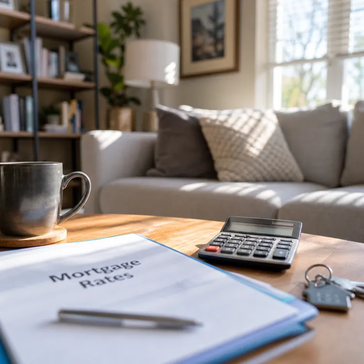 Calculator, coffee mug, keys, and mortgage rates folder on a wooden table in a sunlit living room