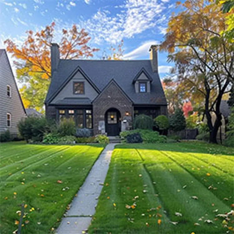 pathway with beautiful green lawn on both sides leading to a lovely home