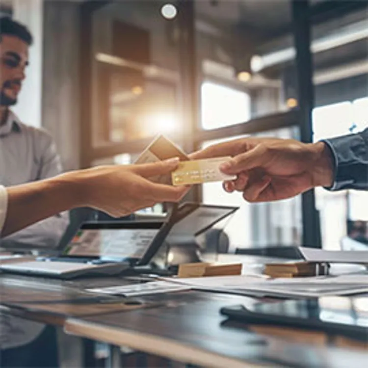 agent handing a credit card to client