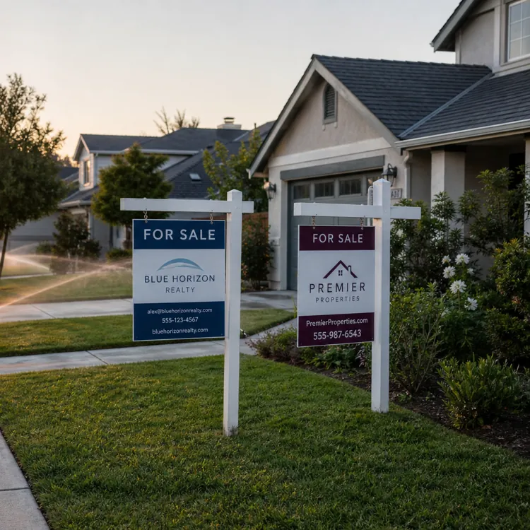Two for sale signs in front of a suburban house at sunset with sprinklers on the lawn