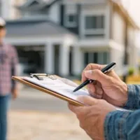a person writing on a clipboard with a house in in the background