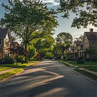 a street with homes on either side in a residential area