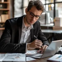 a man sitting at a desk with a laptop and papers on it