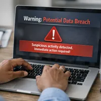 Hands typing on a laptop displaying a warning about a potential data breach with a red alert message.